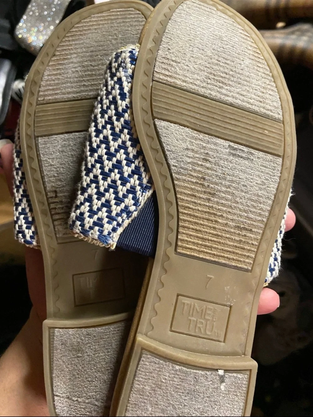 Time and Tru Blue and Tan Woven Slide Sandals